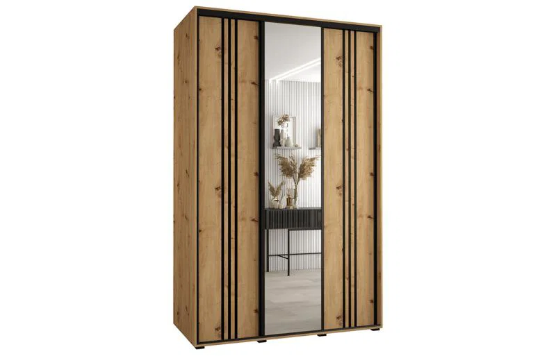 Šatníková skriňa DAVOS 7 posuvné dvere a zrkadlo, 160×235×45, DUB Artisan / čierne pojazdy