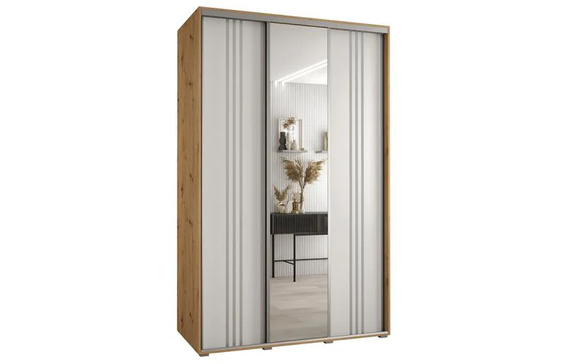 Šatníková skriňa DAVOS 7 posuvné dvere a zrkadlo, 160×235×45, DUB Artisan / biela / strieborné