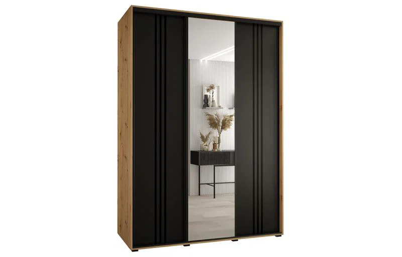 Šatníková skriňa DAVOS 7 posuvné dvere a zrkadlo, 170×235×45, DUB Artisan / čierna / čierne