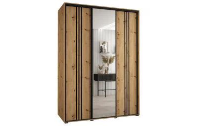 Šatníková skriňa DAVOS 7 posuvné dvere a zrkadlo, 170×235×45, DUB Artisan / čierne pojazdy