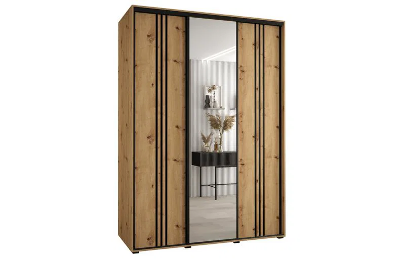 Šatníková skriňa DAVOS 7 posuvné dvere a zrkadlo, 170×235×45, DUB Artisan / čierne pojazdy