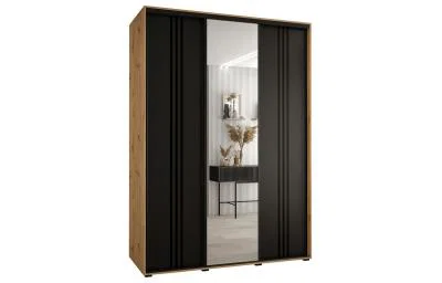 Šatníková skriňa DAVOS 7 posuvné dvere a zrkadlo, 180×235×45, DUB Artisan / čierna / čierne