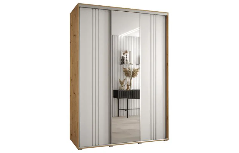 Šatníková skriňa DAVOS 7 posuvné dvere a zrkadlo, 180×235×45, DUB Artisan / biela / strieborné