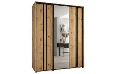 Šatníková skriňa DAVOS 7 posuvné dvere a zrkadlo, 190×235×45, DUB Artisan / čierne pojazdy