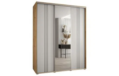 Šatníková skriňa DAVOS 7 posuvné dvere a zrkadlo, 190×235×45, DUB Artisan / biela / strieborné