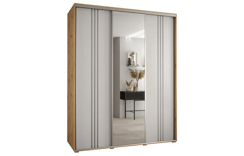 Šatníková skriňa DAVOS 7 posuvné dvere a zrkadlo, 190×235×45, DUB Artisan / biela / strieborné