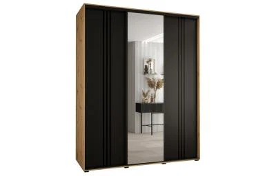 Šatníková skriňa DAVOS 7 posuvné dvere a zrkadlo, 200×235×45, DUB Artisan / čierna / čierne