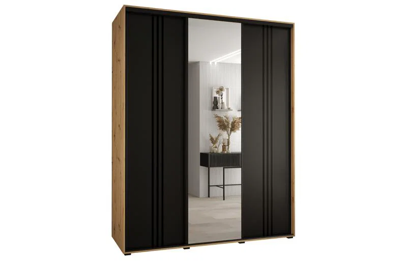 Šatníková skriňa DAVOS 7 posuvné dvere a zrkadlo, 200×235×45, DUB Artisan / čierna / čierne
