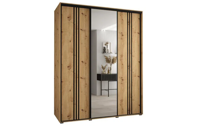 Šatníková skriňa DAVOS 7 posuvné dvere a zrkadlo, 200×235×45, DUB Artisan / čierne pojazdy
