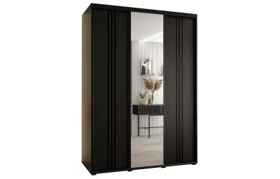 Šatníková skriňa DAVOS 7 posuvné dvere a zrkadlo, 170×235×45, Čierna / čierne pojazdy