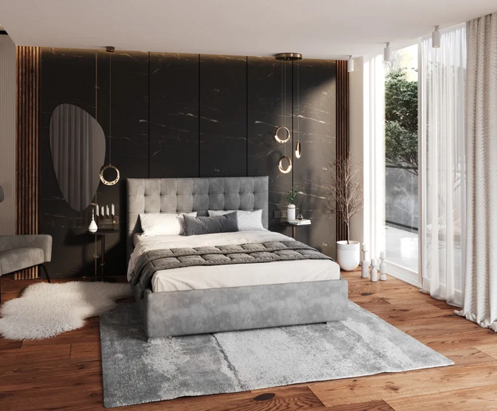 Čalúnená posteľ LUCERNA 90x200 Oceľová Paris s úložným priestorom kovový rošt
