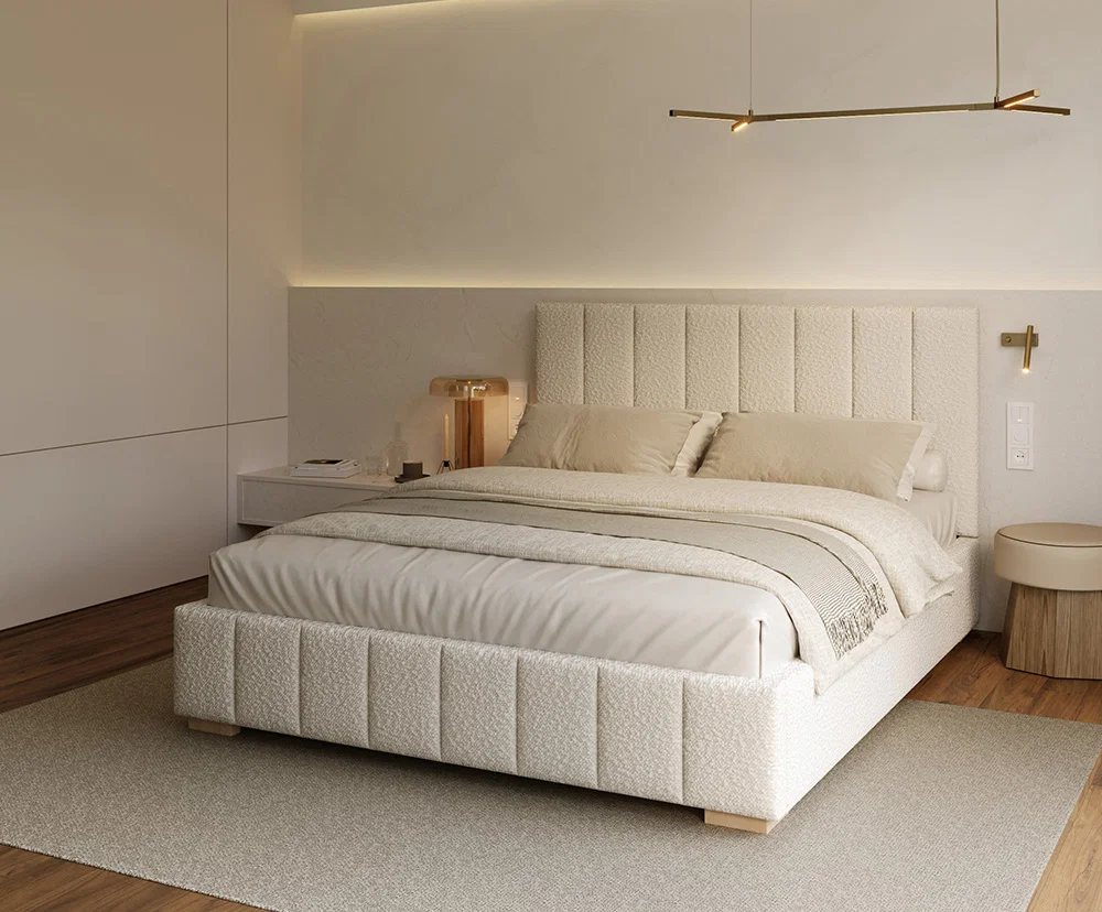 Čalúnená posteľ AUSTIN 160x200 cm Krémová Boucle s úložným priestorom kovový rošt