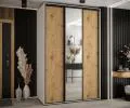 Šatníková skriňa s posuvnými dverami a zrkadlom DAVOS 150cm | Biela / DUB Artisan / čierne pojazdy