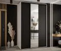 Šatníková skriňa s posuvnými dverami a zrkadlom DAVOS 150cm | Biela / čierna / čierne pojazdy