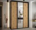 Šatníková skriňa s posuvnými dverami a zrkadlom DAVOS 170cm | Čierna / DUB Artisan / čierne pojazd