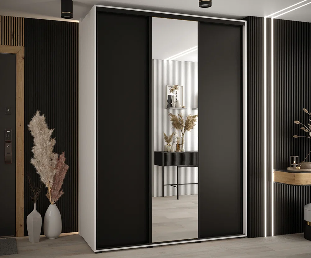 Šatníková skriňa s posuvnými dverami a zrkadlom DAVOS 180cm | Biela / čierna / čierne pojazdy