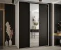 Šatníková skriňa s posuvnými dverami a zrkadlom DAVOS 180cm | Biela / čierna / čierne pojazdy