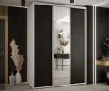 Šatníková skriňa s posuvnými dverami a zrkadlom DAVOS 180cm | Biela / čierna / strieborné pojazdy