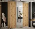 Šatníková skriňa s posuvnými dverami a zrkadlom DAVOS 190cm | DUB Artisan / strieborné pojazdy