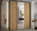 Šatníková skriňa s posuvnými dverami a zrkadlom DAVOS 190cm | Čierna / DUB Artisan / strieborné