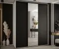 Šatníková skriňa s posuvnými dverami a zrkadlom DAVOS 190cm | Biela / čierna / čierne pojazdy