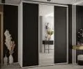Šatníková skriňa s posuvnými dverami a zrkadlom DAVOS 190cm | Biela / čierna / strieborné pojazdy