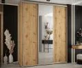 Šatní skříň s posuvnými dveřmi a zrkadlem DAVOS 200cm | DUB Artisan / stříbrné pojezdy