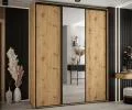 Šatníková skriňa s posuvnými dverami a zrkadlom DAVOS 200cm | DUB Artisan / čierne pojazdy
