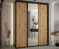 Šatníková skriňa s posuvnými dverami a zrkadlom DAVOS 200cm | Čierna / DUB Artisan / čierne pojazd