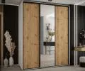 Šatníková skriňa s posuvnými dverami a zrkadlom DAVOS 200cm | Biela / DUB Artisan / čierne pojazdy