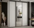 Šatníková skriňa s posuvnými dverami a zrkadlom DAVOS 200 cm | Biela / čierne pojazdy