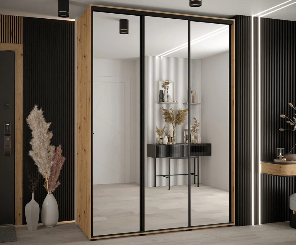 Šatníková skriňa s posuvnými zrkadlovými dverami DAVOS 180cm | DUB Artisan / čierne pojazdy