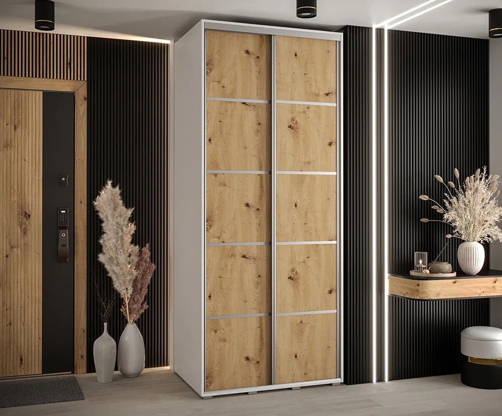 Šatníková skriňa s posuvnými dverami DAVOS 4, 120cm | Biela / DUB Artisan / strieborné