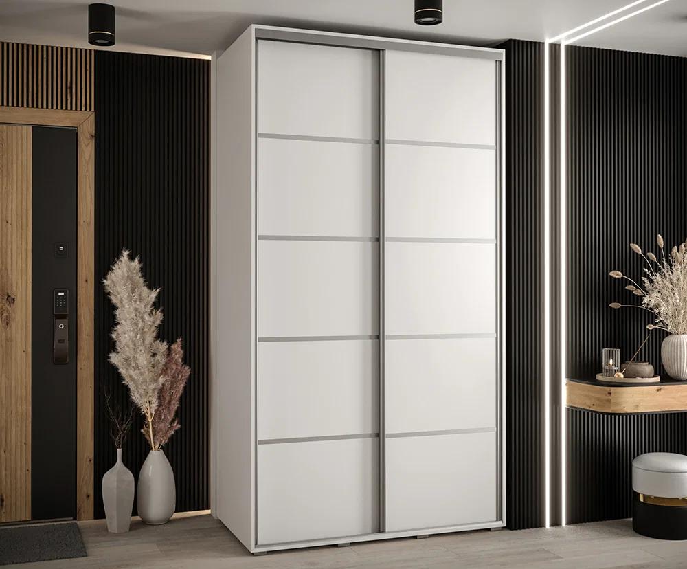 Šatníková skriňa s posuvnými dverami DAVOS 4, 140cm | Biela / strieborné pojazdy