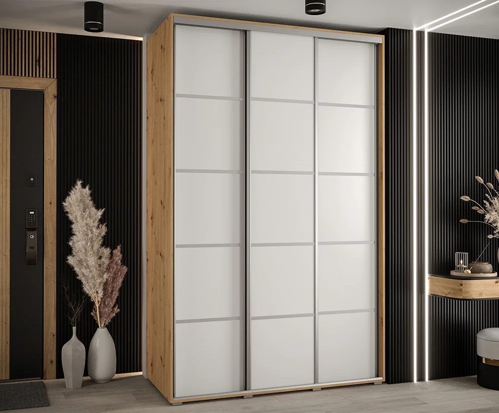 Šatníková skriňa s posuvnými dverami DAVOS 4, 160cm | DUB Artisan / biela / strieborné