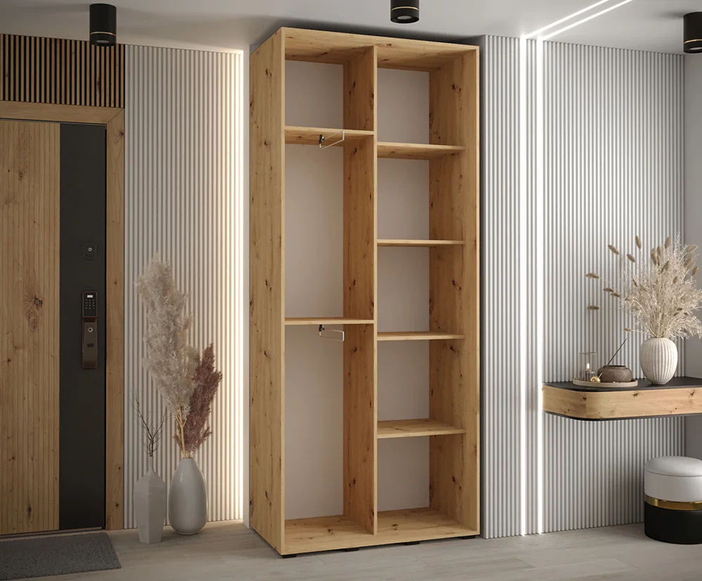 Šatníková skriňa DAVOS 5 posuvné dvere a zrkadlo, 120×235×45, DUB Artisan / čierna / čierne