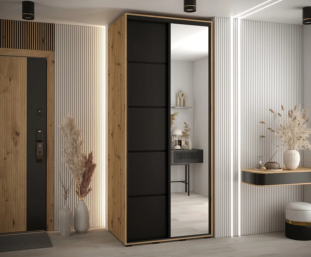 Šatníková skriňa DAVOS 5 posuvné dvere a zrkadlo, 120×235×45, DUB Artisan / čierna / čierne