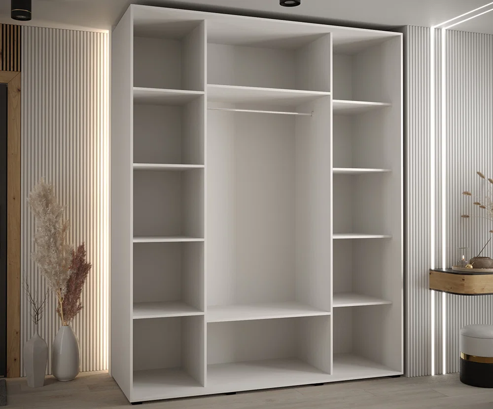 Šatníková skriňa s posuvnými dverami a zrkadlom DAVOS 5, 190cm | Biela / DUB Artisan / strieborné