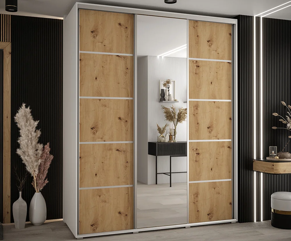 Šatníková skriňa s posuvnými dverami a zrkadlom DAVOS 5, 190cm | Biela / DUB Artisan / strieborné