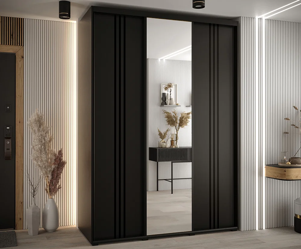 Šatníková skriňa s posuvnými dverami a zrkadlom DAVOS 7, 180cm | Čierna / čierne pojazdy