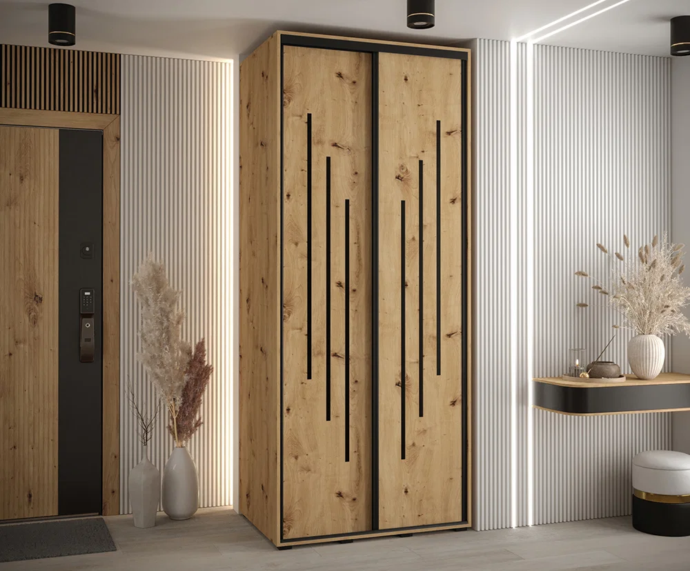 Šatníková skriňa s posuvnými dverami DAVOS 8, 120cm | DUB Artisan / čierne pojazdy