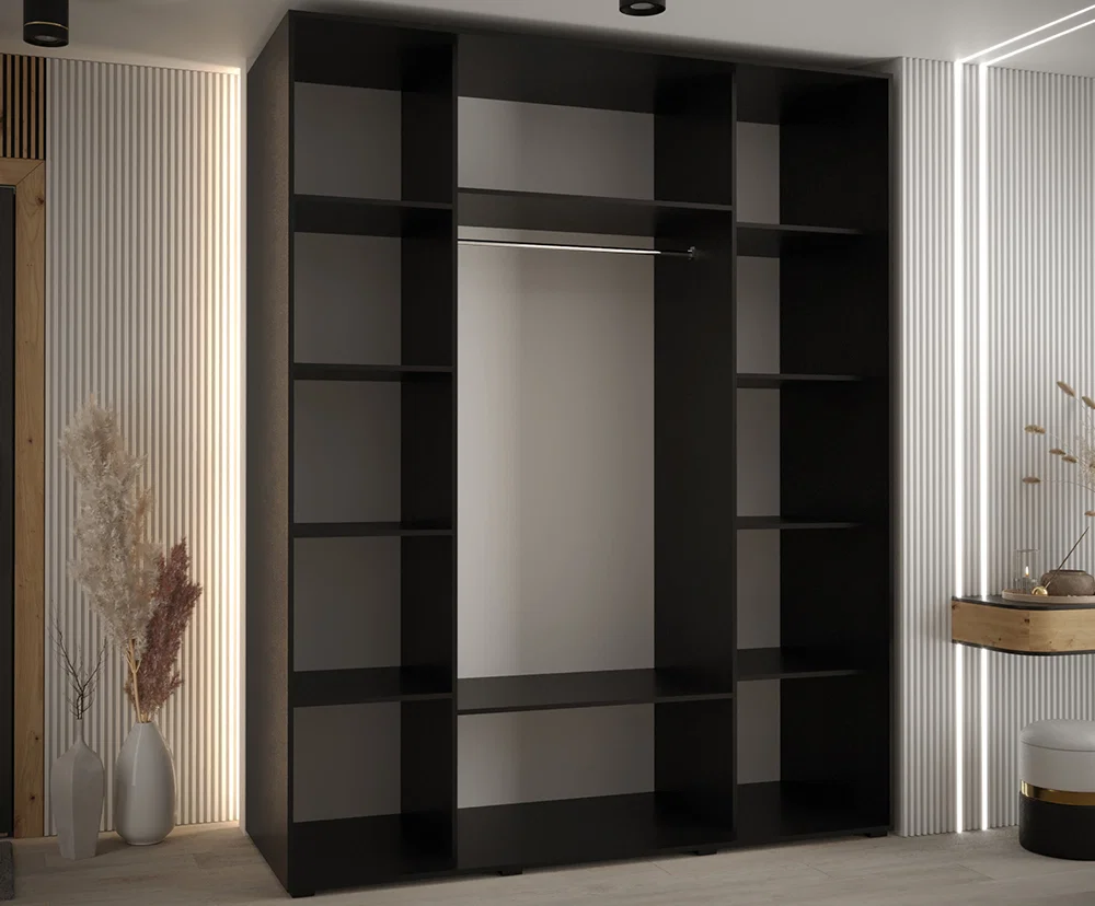 Šatníková skriňa s posuvnými dverami DAVOS 8, 200cm | Čierna / čierne pojazdy