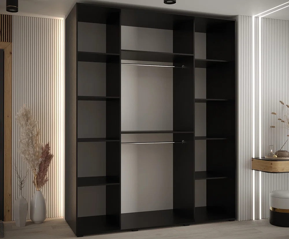 Šatníková skriňa s posuvnými dverami DAVOS 8, 200cm | Čierna / čierne pojazdy