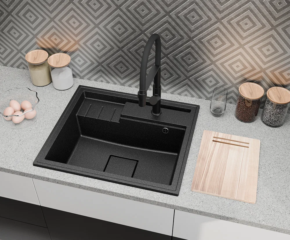 Granitový drez ELITE 6052 BIELY + čierny sifon 60 x 52 x 21,5 cm