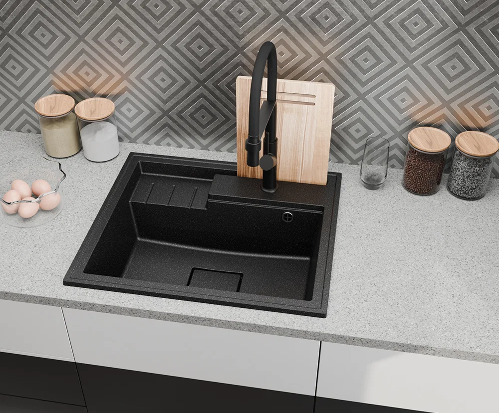 Granitový drez ELITE 6052 BIELY + čierny sifon 60 x 52 x 21,5 cm