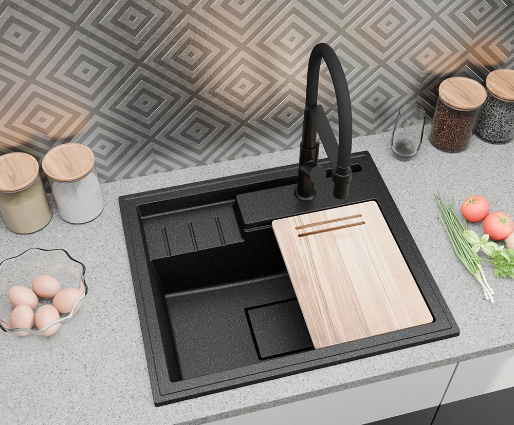 Granitový drez ELITE 6052 SIVÝ + čierny sifon 60 x 52 x 21,5 cm