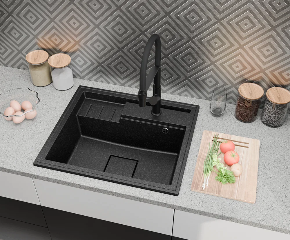 Granitový drez ELITE 6052 SIVÝ + čierny sifon 60 x 52 x 21,5 cm