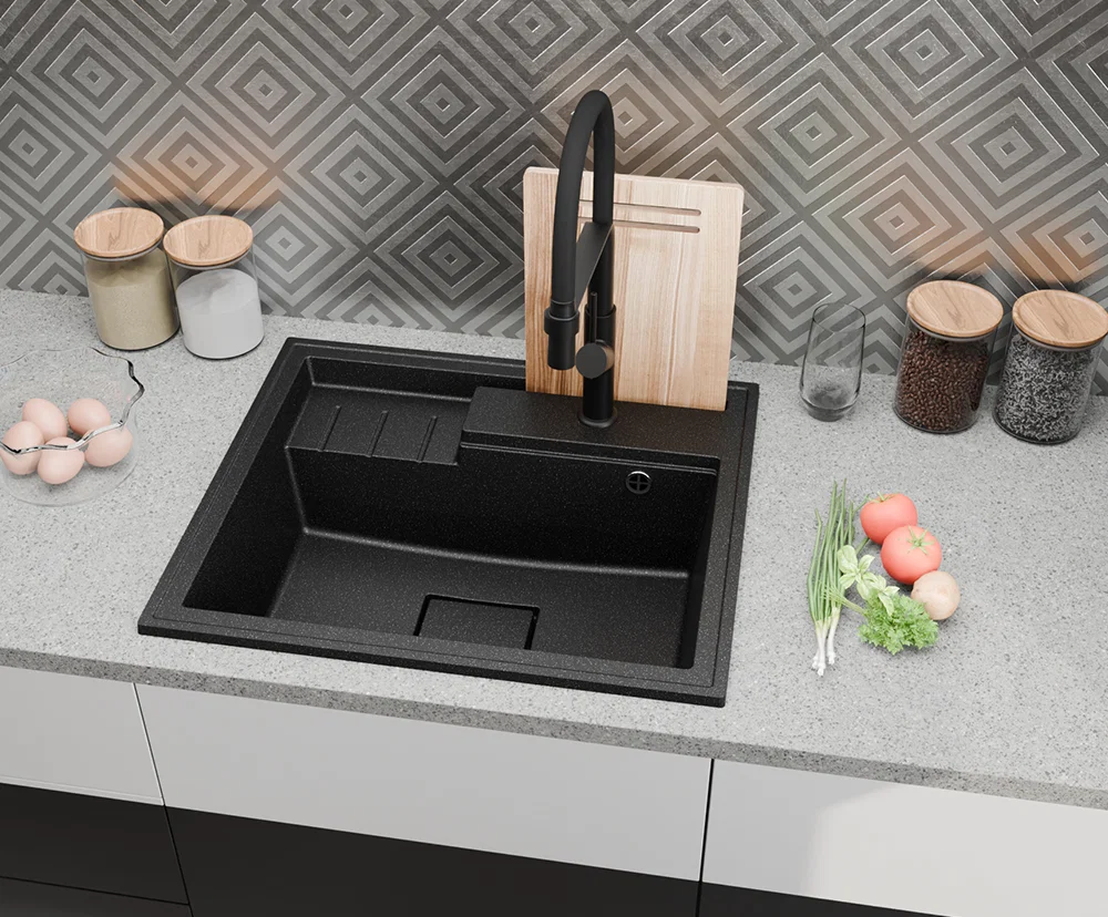 Granitový drez ELITE 6052 SIVÝ + čierny sifon 60 x 52 x 21,5 cm