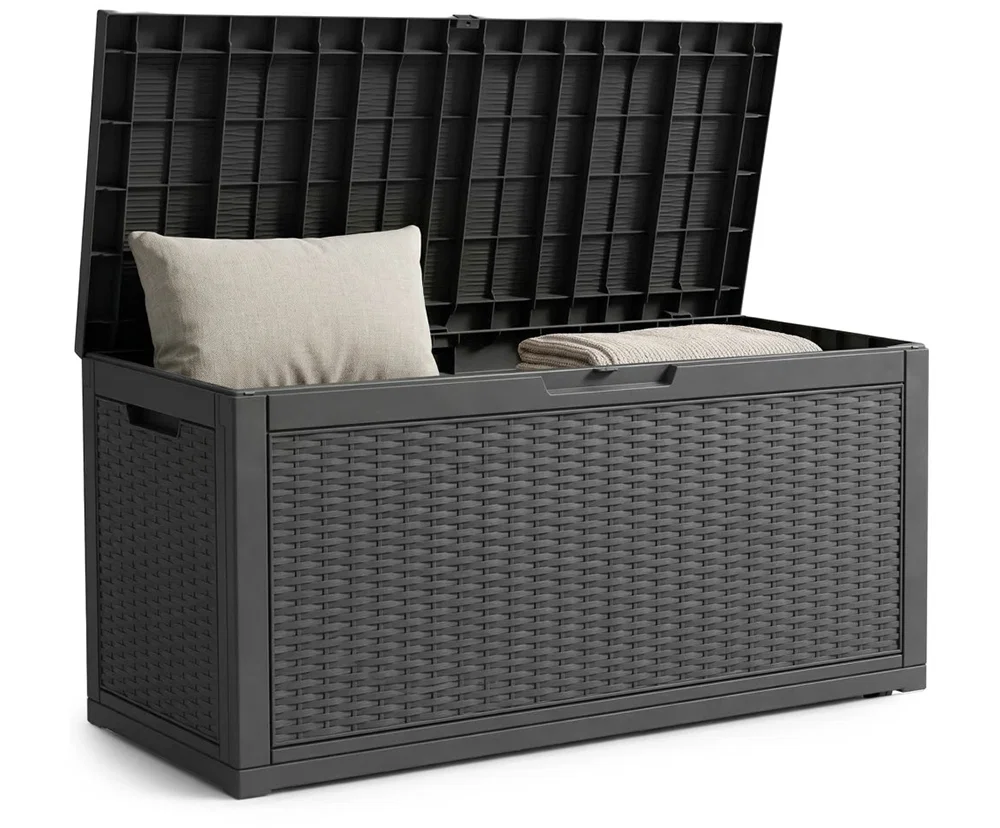 Záhradný úložný box na podušky a náradie 340 l, čierny, vodoodolný, 119×58×52 cm