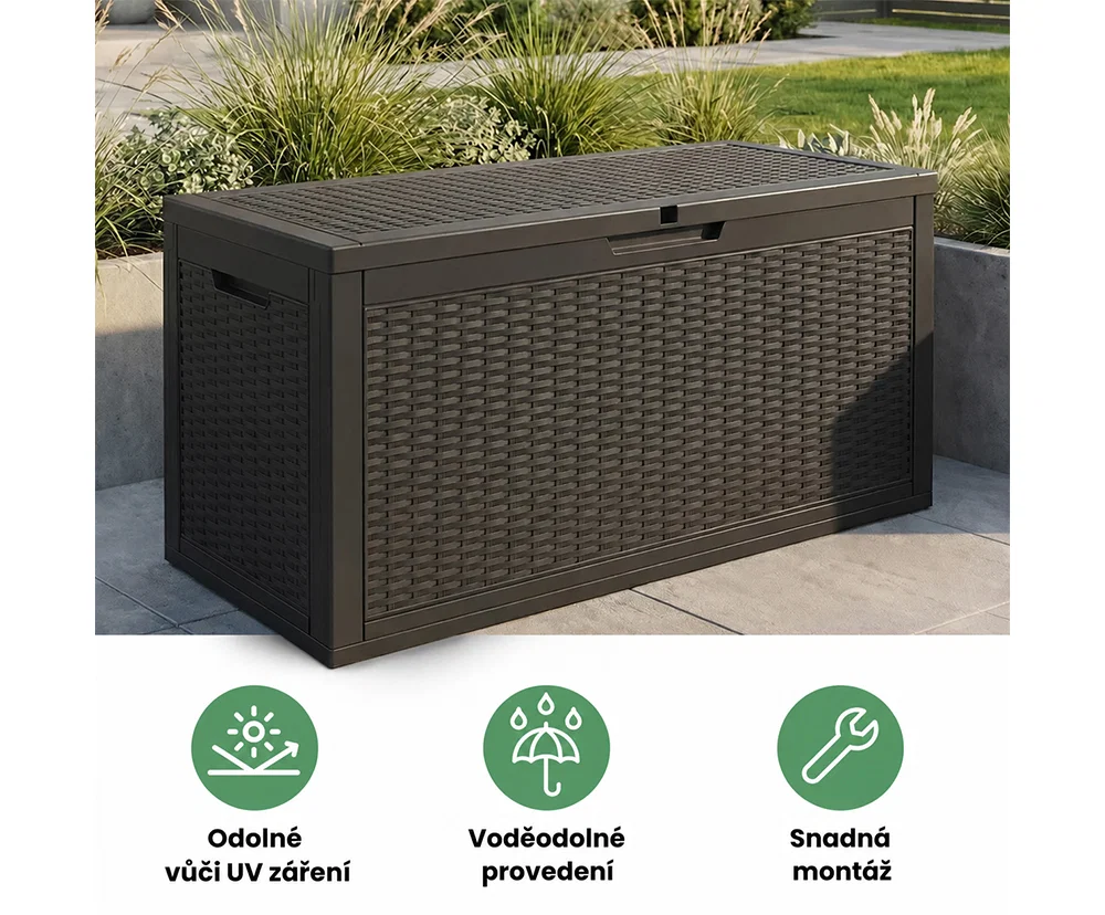 Záhradný úložný box na podušky a náradie 340 l, čierny, vodoodolný, 119×58×52 cm